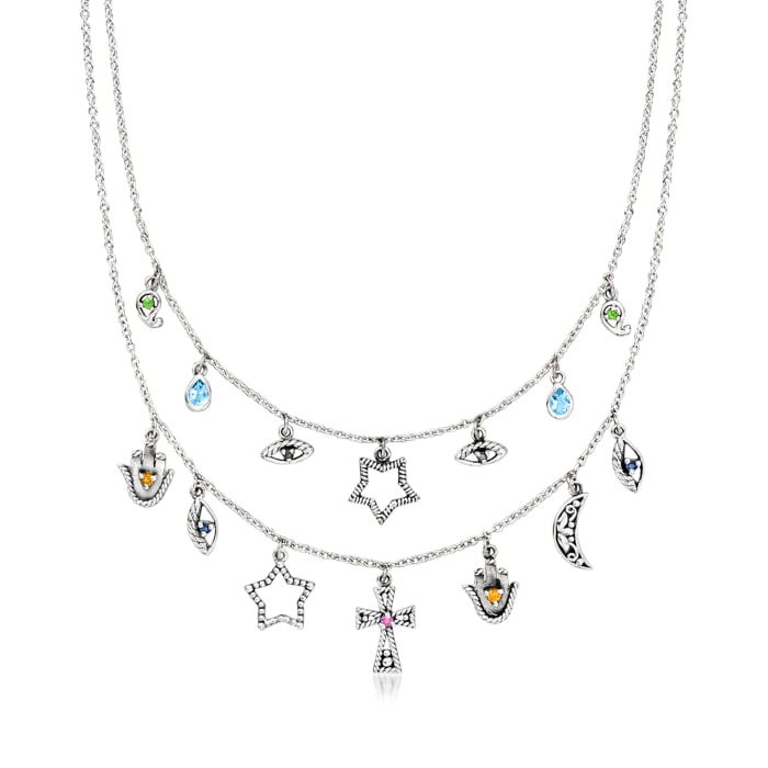Multi-Gemstone Bali-Style Religious Symbols Layered Necklace in Sterling Silver 15-inch