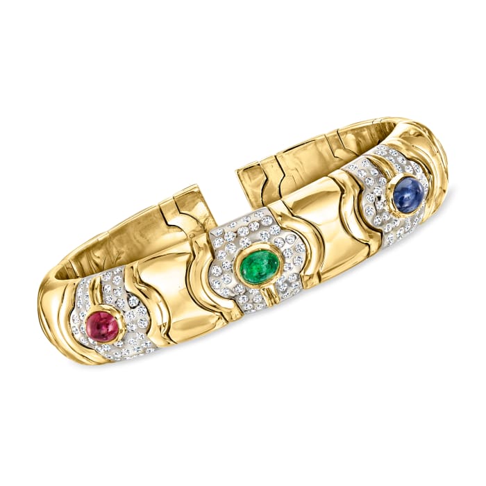 C. 1980 Vintage 2.15 ct. t.w. Multi-Gemstone and 2.00 ct. t.w. Diamond Cuff Bracelet in 18kt Two-Tone Gold
