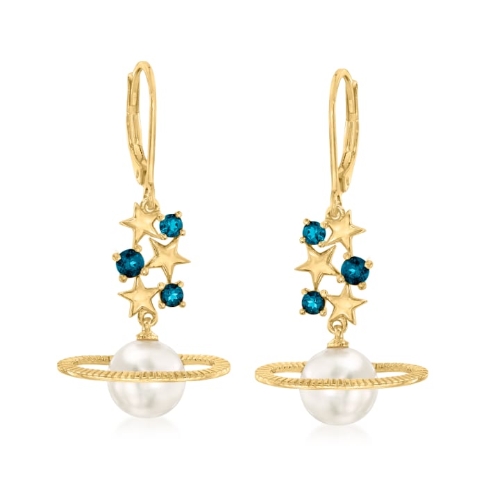 8.5-9mm Cultured Pearl and .50 ct. t.w. London Blue Topaz Celestial Drop Earrings in 18kt Gold Over Sterling