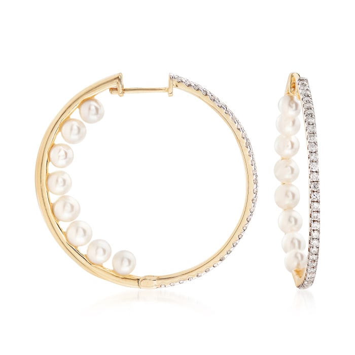 3.5-4mm Cultured Pearl and .50 ct. t.w. Diamond Inside-Outside Hoop Earrings in 14kt Yellow Gold