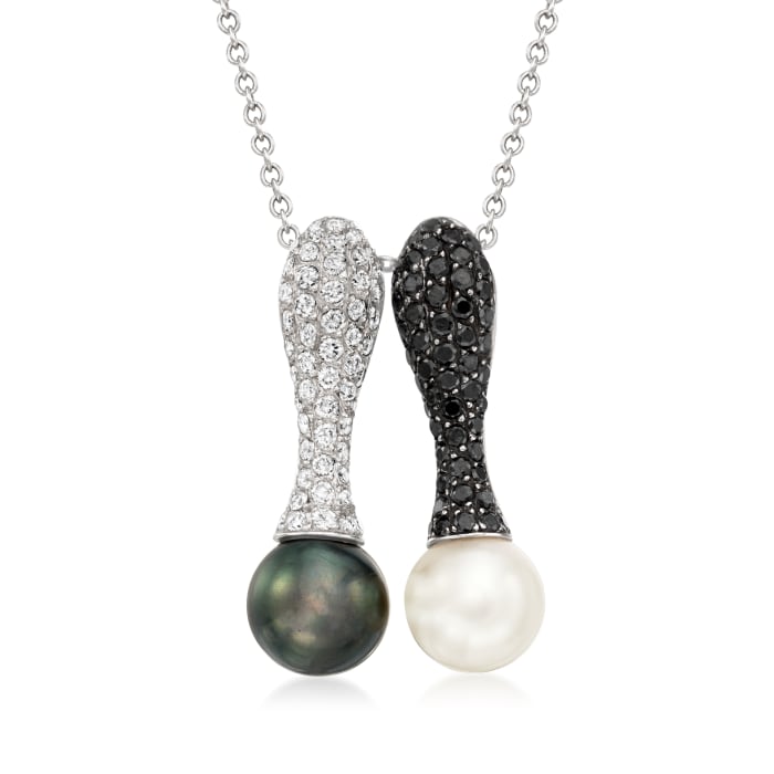 C. 1990 Vintage 8.7mm Black Cultured Akoya and White Cultured Pearl Pendant Necklace with 1.78 ct. t.w. Black and White Diamonds in 14kt and 18kt White Gold