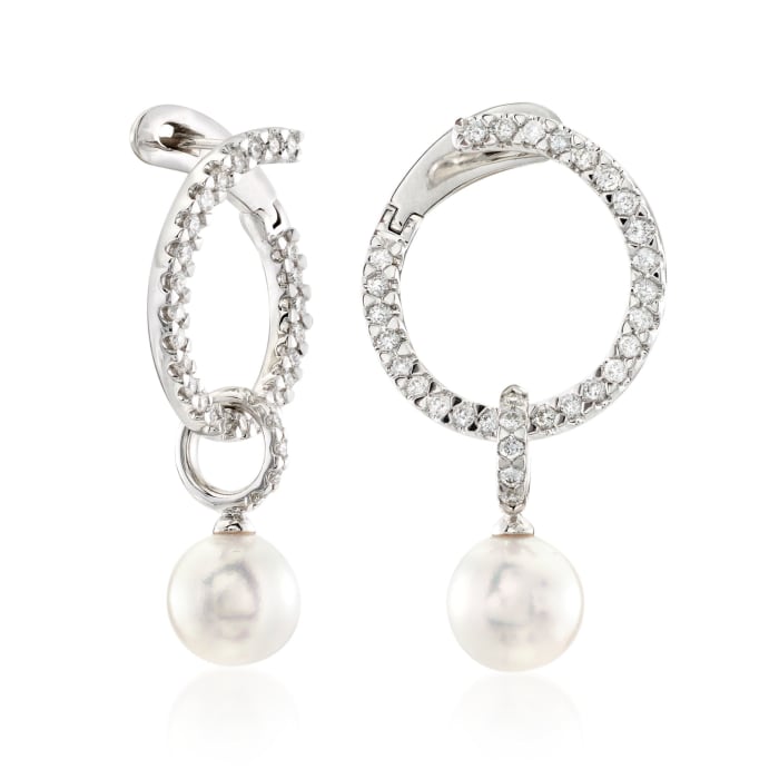 Mikimoto &quot;Classic&quot; .45 ct. t.w. Diamond and 7mm A+ Akoya Pearl Open Swirl Drop Earrings in 18kt White Gold