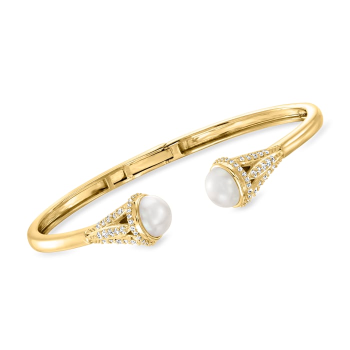 8mm Cultured Pearl and .80 ct. t.w. White Topaz Cuff Bracelet in 18kt Gold Over Sterling