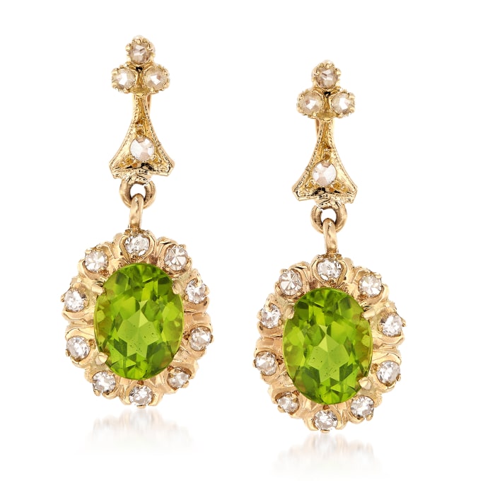 C. 1990 Vintage 3.68 ct. t.w. Peridot and .65 ct. t.w. Diamond Drop Earrings in 14kt Yellow Gold