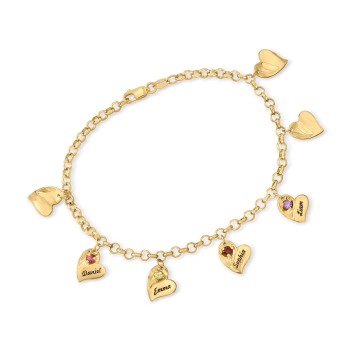 Personalized Heart Charm Bracelet in 14kt Gold - 1 to 7 Birthstones and Names