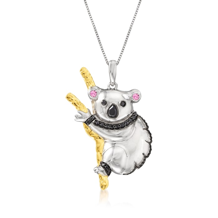 .50 ct. t.w. Black Spinel and .20 ct. t.w. Pink Sapphire Koala Pendant Necklace in Two-Tone Sterling Silver