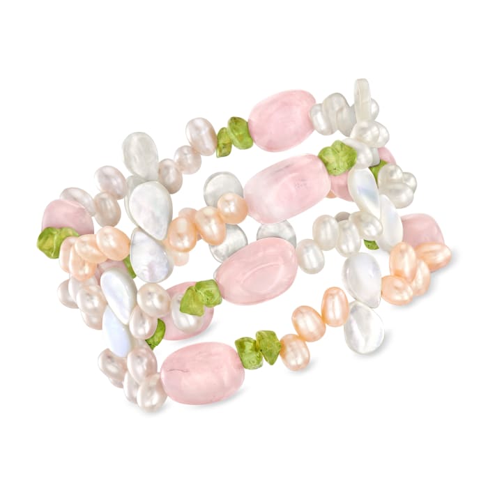 4-5mm Multicolored Cultured Pearl and Multi-Gemstone Jewelry Set: Three Stretch Bracelets