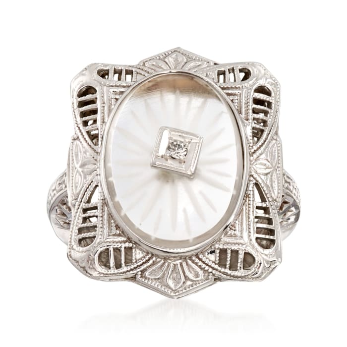 C. 1950 Vintage Rock Crystal Filigree Ring with Diamond Accents in 14kt White Gold