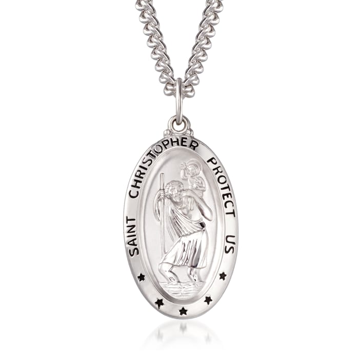 Men's Sterling Silver Saint Christopher Oval Medal with Stainless Steel Chain