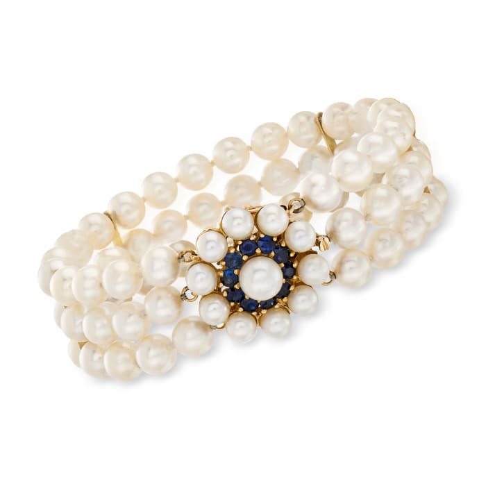 C. 1980 Vintage 5-7mm Cultured Pearl and 1.00 ct. t.w. Sapphire Flower Bracelet with 14kt Yellow Gold