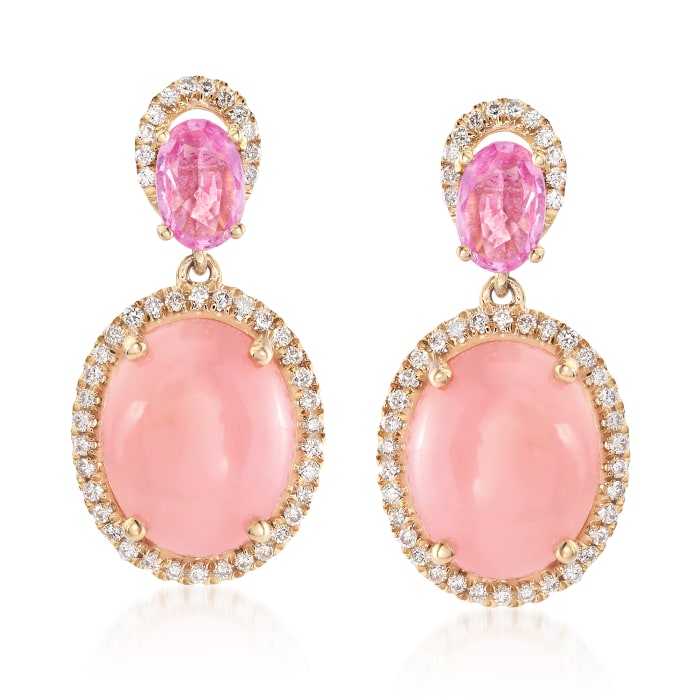 Pink Opal and .90 ct. t.w. Pink Sapphire Drop Earrings with .31 ct. t.w. Diamonds in 14kt Yellow Gold