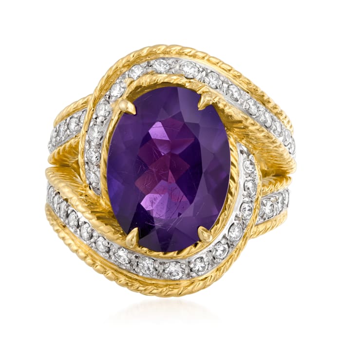 C. 1980 Vintage 5.50 Carat Amethyst and 1.00 ct. t.w. Diamond Ring in 18kt Yellow Gold