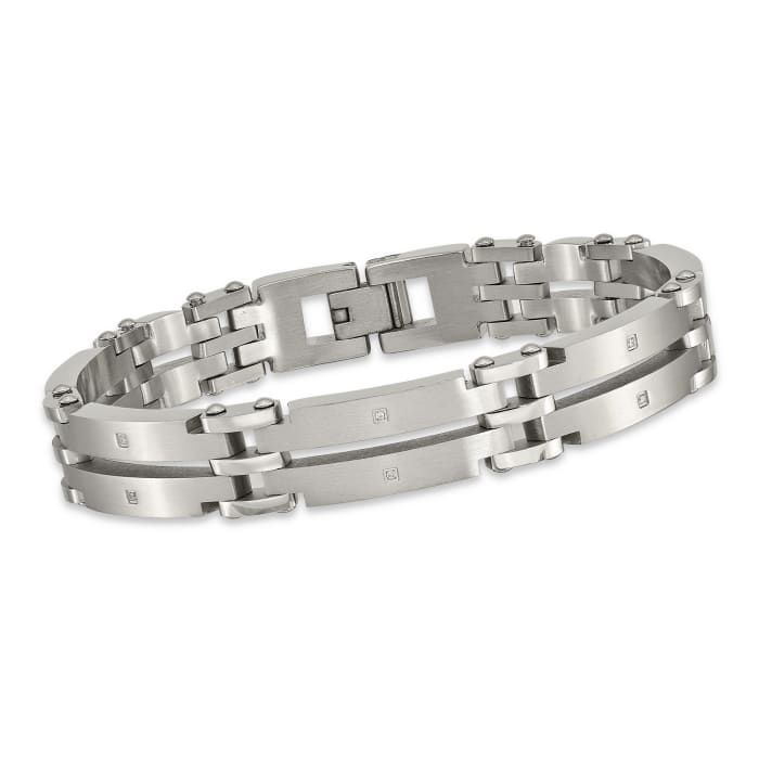 Men's Stainless Steel Brushed Link Bracelet with CZ Accents. 9&quot;