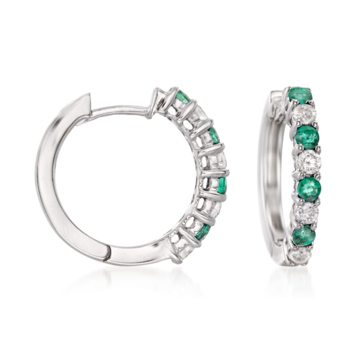 .40 ct. t.w. Emerald and .35 ct. t.w. Diamond Hoop Earrings in 14kt White Gold