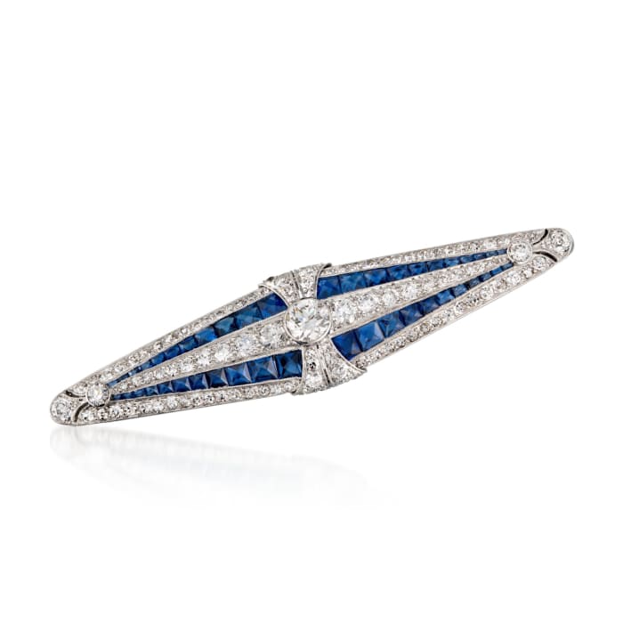 C. 1920 Vintage Marcus & Co. 4.00 ct. t.w. Sapphire and 3.55 ct. t.w. Diamond Bar Pin in Platinum
