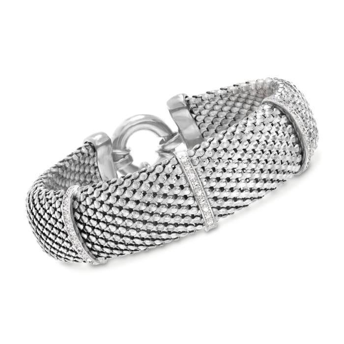 Italian .15 ct. t.w. Diamond Bar Mesh Bracelet in Sterling Silver