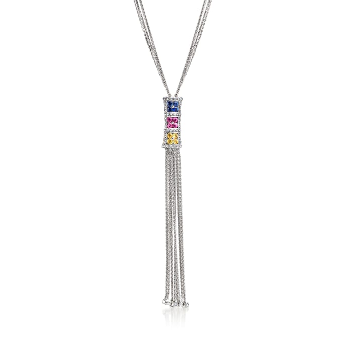 C. 1990 Vintage 2.00 ct. t.w. Multicolored Sapphire and .55 ct. t.w. Diamond Tassel Necklace in 18kt White Gold
