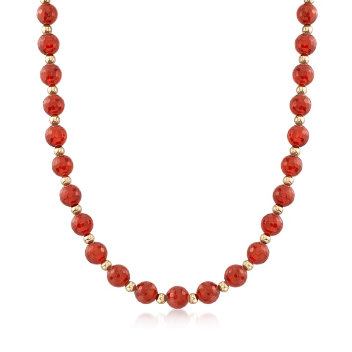 10mm Red Agate Bead Necklace with 14kt Yellow Gold