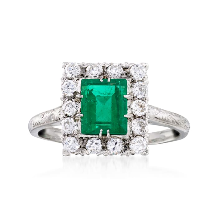 C. 1990 Vintage .70 Carat Emerald and .35 ct. t.w. Diamond Ring in Platinum