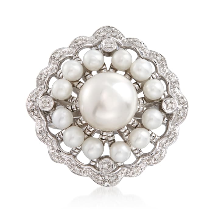 3-8mm Cultured Pearl Scalloped Ring with Diamond Accents in Sterling Silver