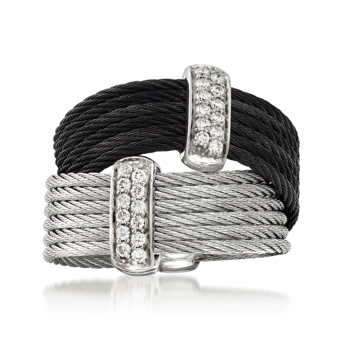 ALOR &quot;Noir&quot; Collection .20 ct. t.w. Diamond Two-Tone Stainless Steel Cable Ring in 18kt White Gold