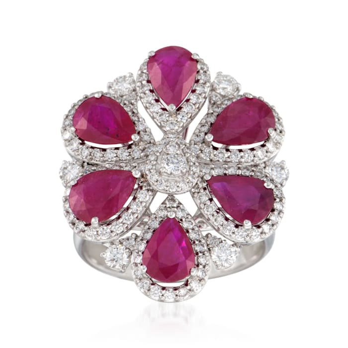 4.80 ct. t.w. Ruby and 1.20 ct. t.w. Diamond Floral Ring in 18kt White Gold
