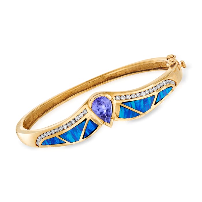 C. 1980 Vintage 1.78 Carat Tanzanite, Multicolored Opal and .75 ct. t.w. Diamond Bangle Bracelet in 14kt Yellow Gold