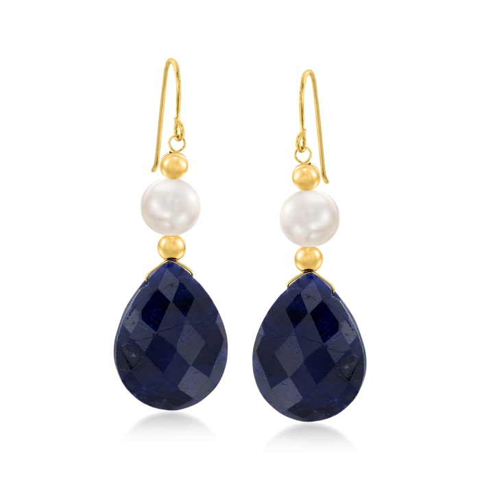 20.00 ct. t.w. Sapphire and Cultured Pearl Earrings in 14kt Yellow Gold