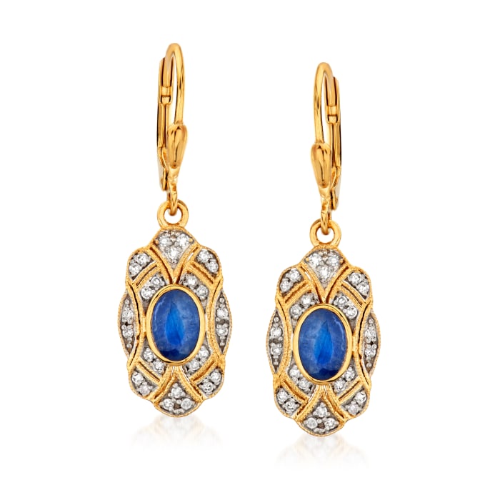 .90 ct. t.w. Sapphire and .24 ct. t.w. Diamond Drop Earrings in 18kt Gold Over Sterling