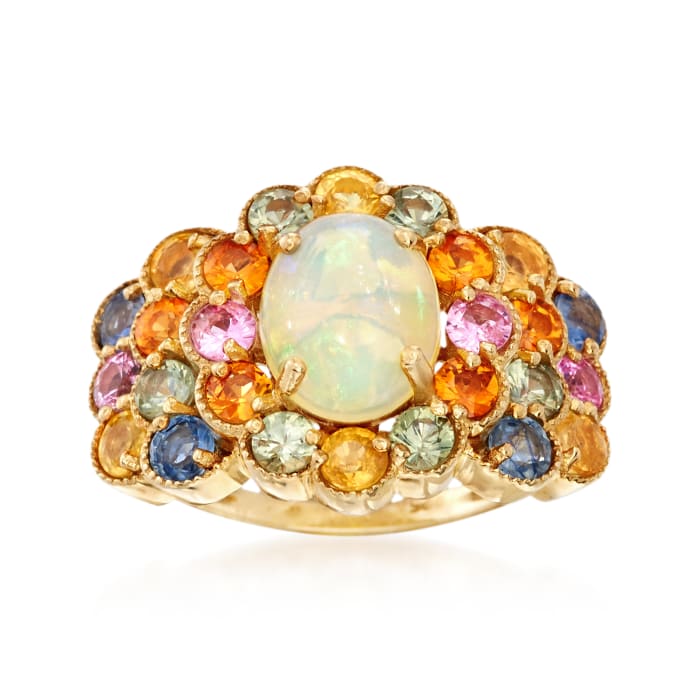 Opal and 3.10 ct. t.w. Multicolored Sapphire Cluster Ring in 14kt Gold Over Sterling