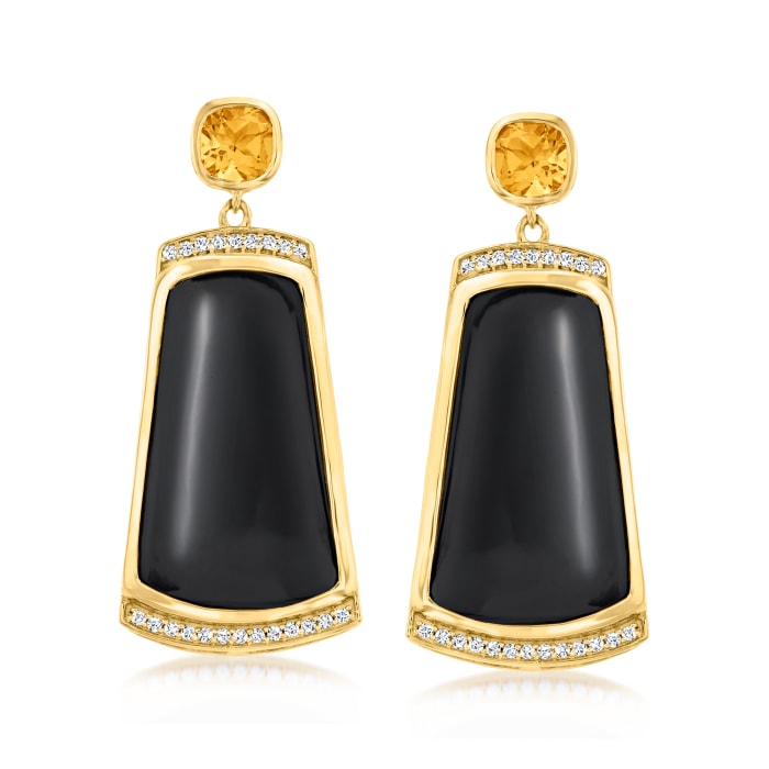 Black Onyx and .90 ct. t.w. Citrine Drop Earrings with .20 ct. t.w. White Zircon in 18kt Gold Over Sterling | Ross-Simons
