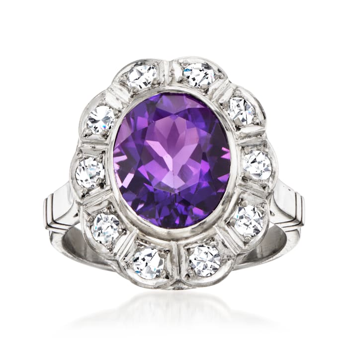 C. 1970 Vintage 4.15 Carat Amethyst and .55 ct. t.w. Diamond Ring in 15kt White Gold