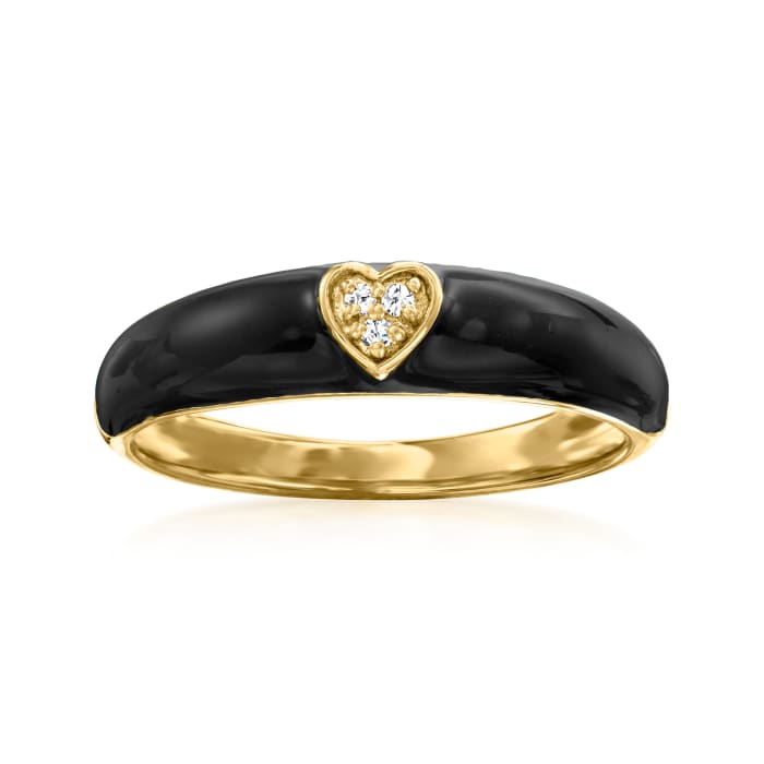 Diamond-Accented Heart Ring with Black Enamel in 18kt Gold Over Sterling
