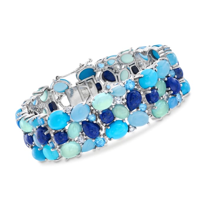 61.30 ct. t.w. White and Tonal Blue Multi-Gemstone Cluster Bracelet in Sterling Silver