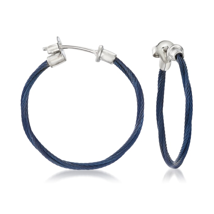 ALOR &quot;Classique&quot; Blue Stainless Steel Hoop Earrings with 18kt White Gold