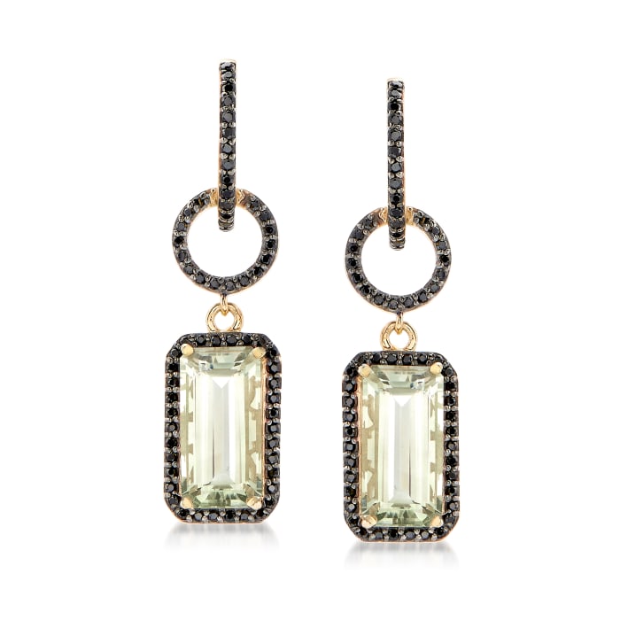 8.00 ct. t.w. Prasiolite and 1.00 ct. t.w. Black Spinel Drop Earrings in 18kt Gold Over Sterling