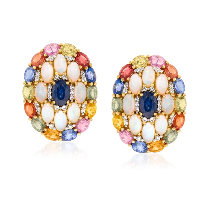 5x3mm Opal, 8.35 ct. t.w. Sapphire and .30 ct. t.w. Diamond Earrings in 18kt Yellow Gold
