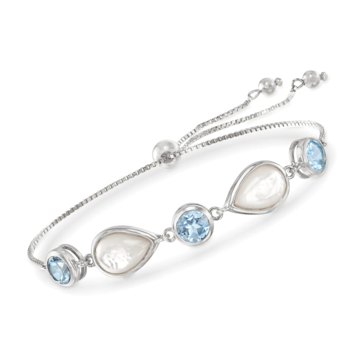 Mother-of-Pearl and 6.00 ct. t.w. Sky Blue Topaz Bolo Bracelet in Sterling Silver