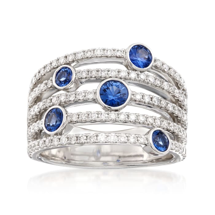 .70 ct. t.w. Bezel-Set Sapphire and .88 ct. t.w. Multi-Band Ring in ...