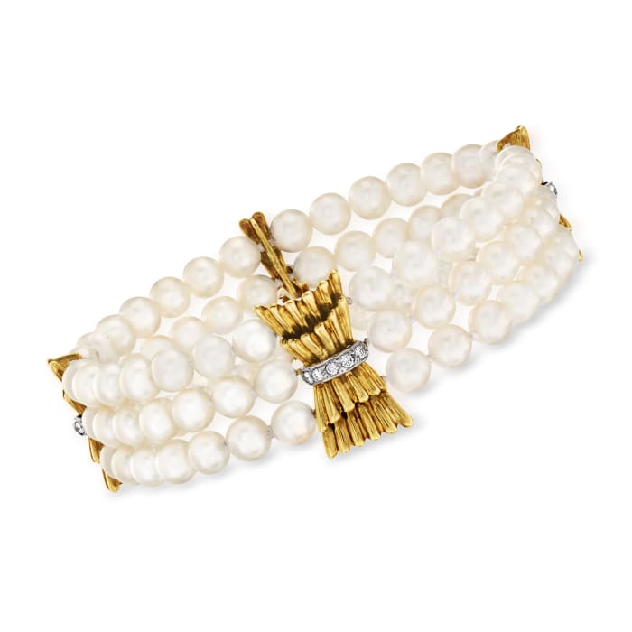 C. 1970 Vintage Cultured Pearl and .28 ct. t.w. Diamond Multi-Strand Bracelet in 18kt Yellow Gold