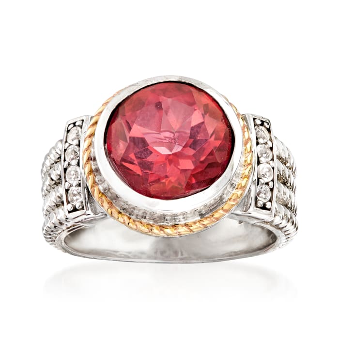 3.60 Carat Pink Quartz and .10 ct. t.w. White Topaz Two-Tone Ring