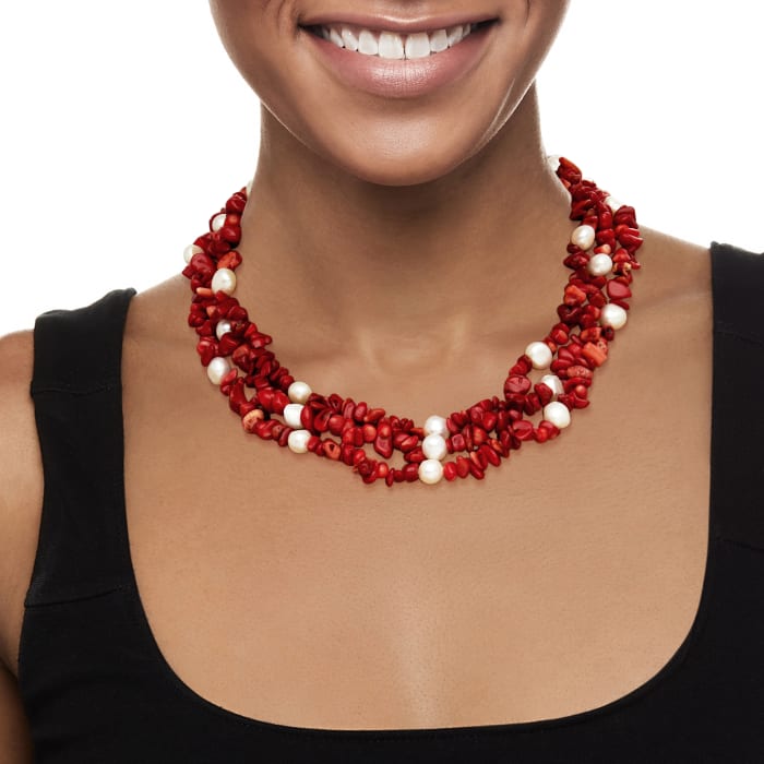 4-9mm Red Coral Bead and 7-8mm Cultured Pearl Three-Strand Necklace with Sterling Silver 17.5-inch