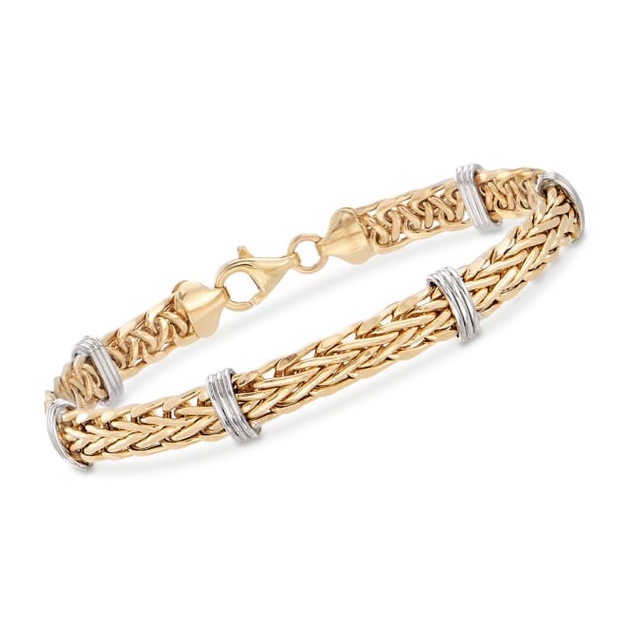 14kt Two-Tone Gold Wheat Link and Bar Station Bracelet