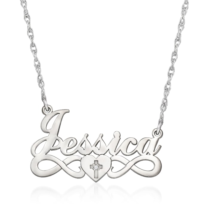 Sterling Silver Personalized Name Necklace with Diamond-Accented Heart and Cross