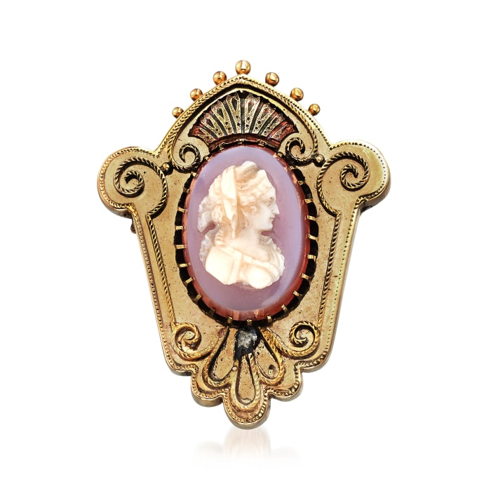 C. 1940 Vintage Pink Agate Oval Cameo Crest Pin in 14kt Yellow Gold