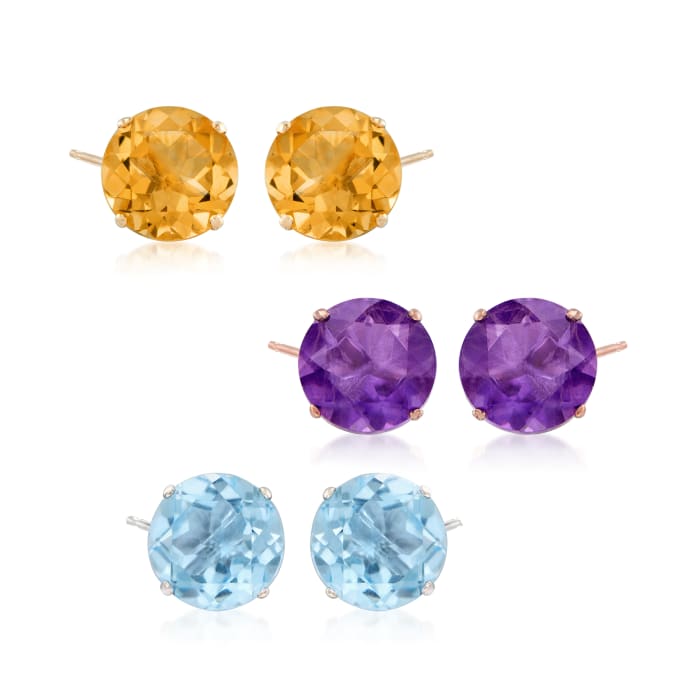 Tri-Colored Gold Jewelry Set: Three Pairs of Gemstone Stud Earrings