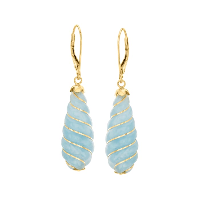 Carved Aquamarine Teardrop Earrings in 14kt Yellow Gold