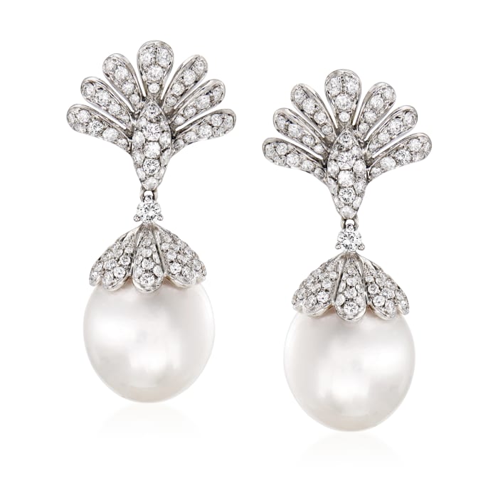 13.5-14mm Cultured South Sea Pearl and 1.95 ct. t.w. Diamond Drop Earrings in 18kt White Gold