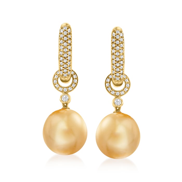 12-13mm Golden Cultured South Sea Pearl and .53 ct. t.w. Diamond Hoop Drop Earrings in 18kt Yellow Gold