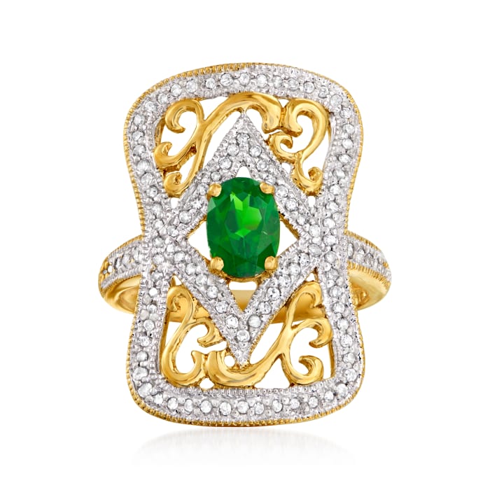 C. 1990 Vintage .80 Carat Green Chrome Diopside and .50 ct. t.w. Diamond Ring in 14kt Yellow Gold